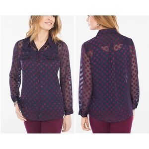 Chicos  Womens Sz 2/L Navy/Burgundy Polka Dot Sheer Button Up Blouse Feminine